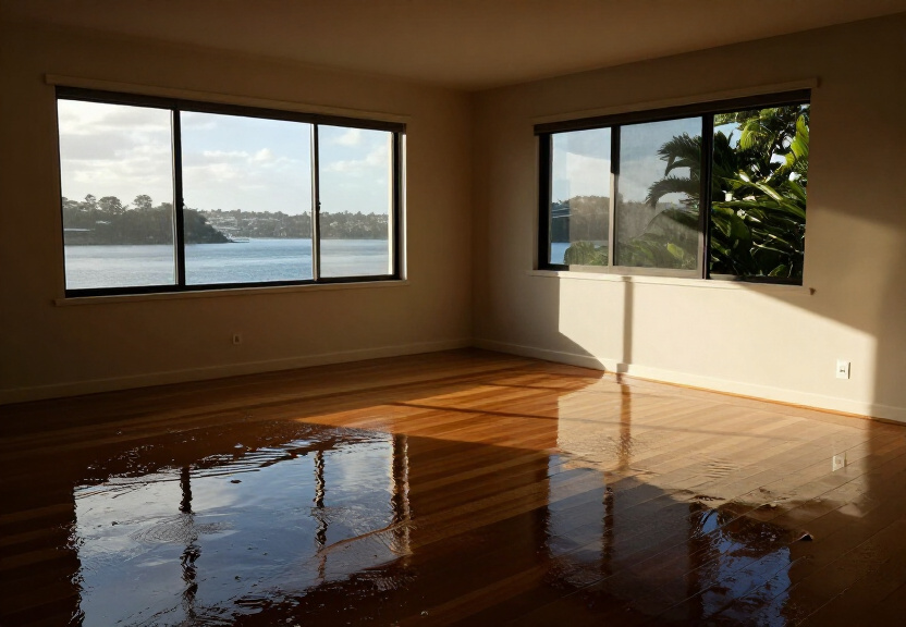 Flood-damaged living room in Doonside before restoration